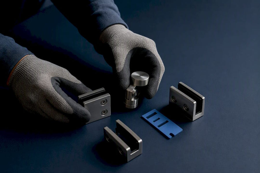 Contractor comparing glass railing connector components