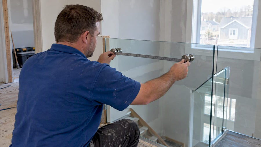 Contractor checking standoff spacing on glass