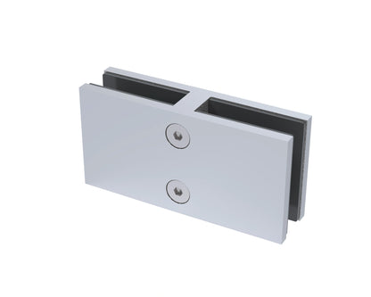 Brushed stainless 180° glass-to-glass connector, big size, joining 12mm glass panels in a straight line