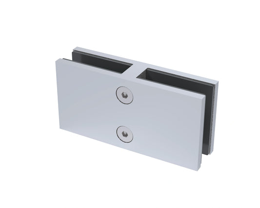Brushed stainless 180° glass-to-glass connector, big size, joining 12mm glass panels in a straight line