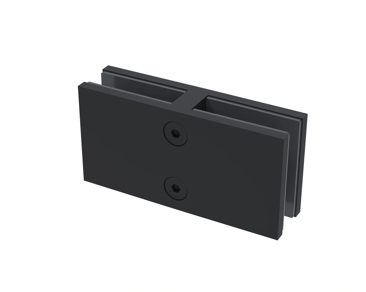 Matte black 180° glass-to-glass connector, big size, joining 12mm glass panels in a straight line