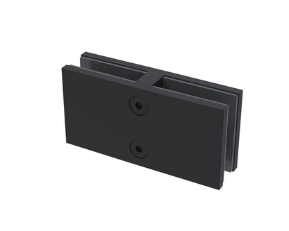 Matte black 180° glass-to-glass connector, big size, joining 12mm glass panels in a straight line
