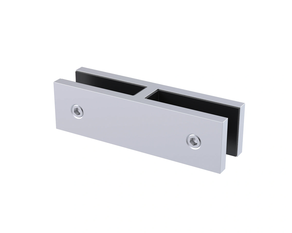 Brushed stainless 180° glass-to-glass connector, small size, joining 12mm glass panels in a straight line