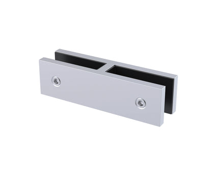 Brushed stainless 180° glass-to-glass connector, small size, joining 12mm glass panels in a straight line