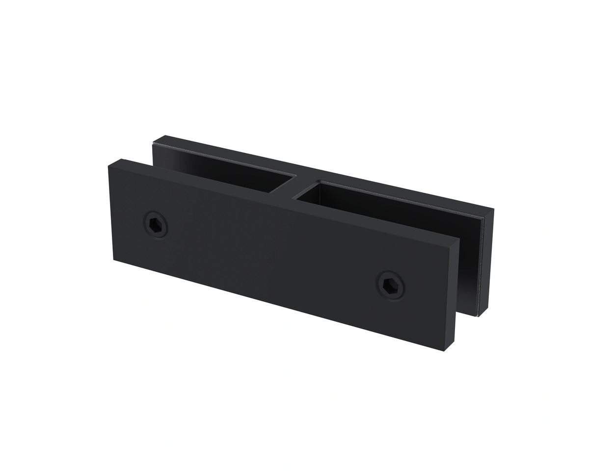 Matte black 180° glass-to-glass connector, small size, joining 12mm glass panels in a straight line