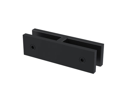 Matte black 180° glass-to-glass connector, small size, joining 12mm glass panels in a straight line
