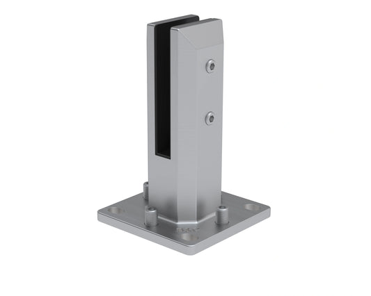 Brushed stainless 6-inch engineered spigot with square base plate for 12mm frameless glass railing