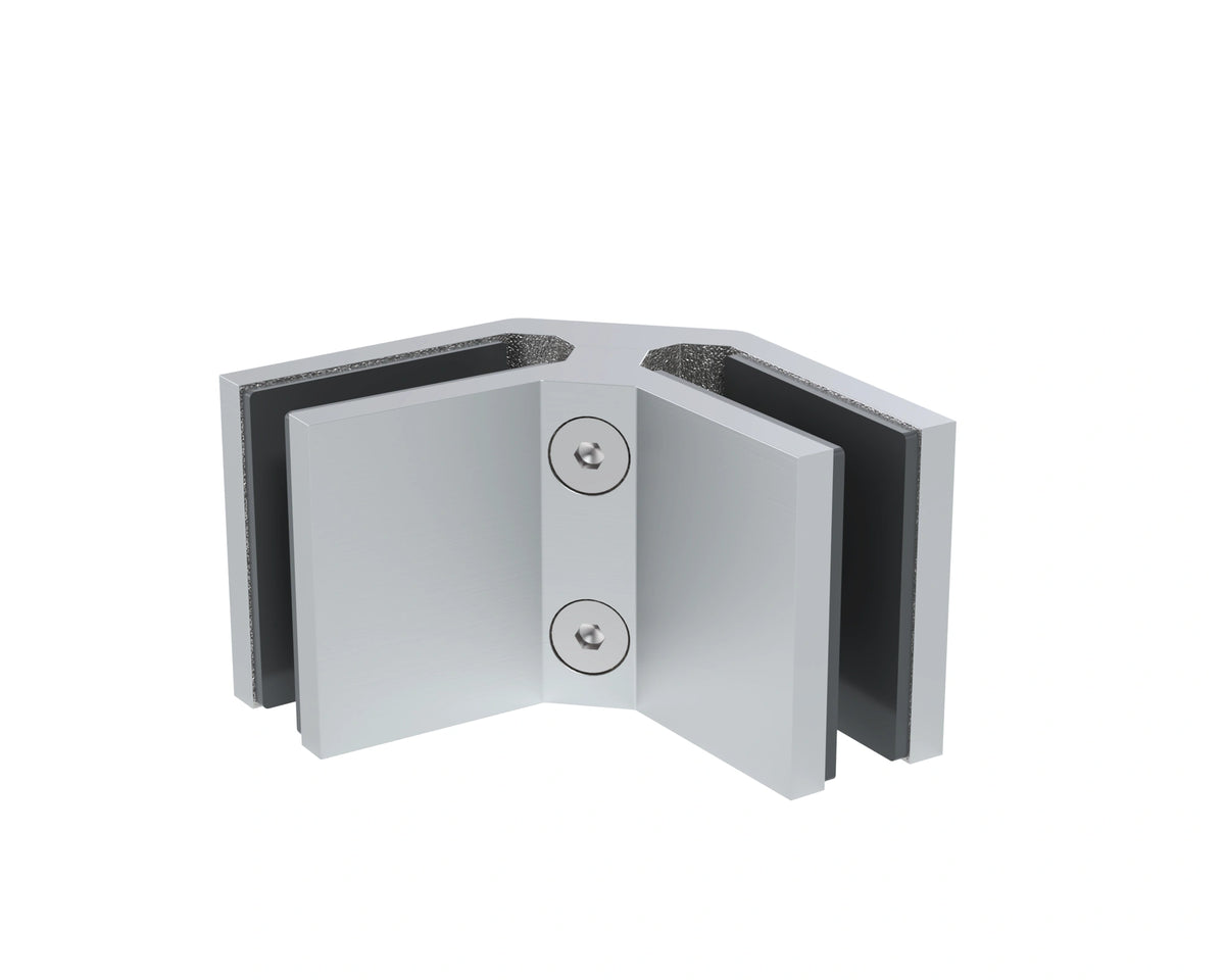 Brushed stainless 90° corner connector, big size, joining two 12mm glass panels at a corner