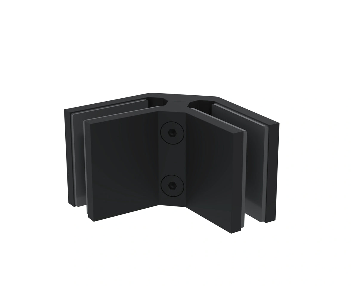 Matte black 90° corner connector, big size, joining two 12mm glass panels at a corner