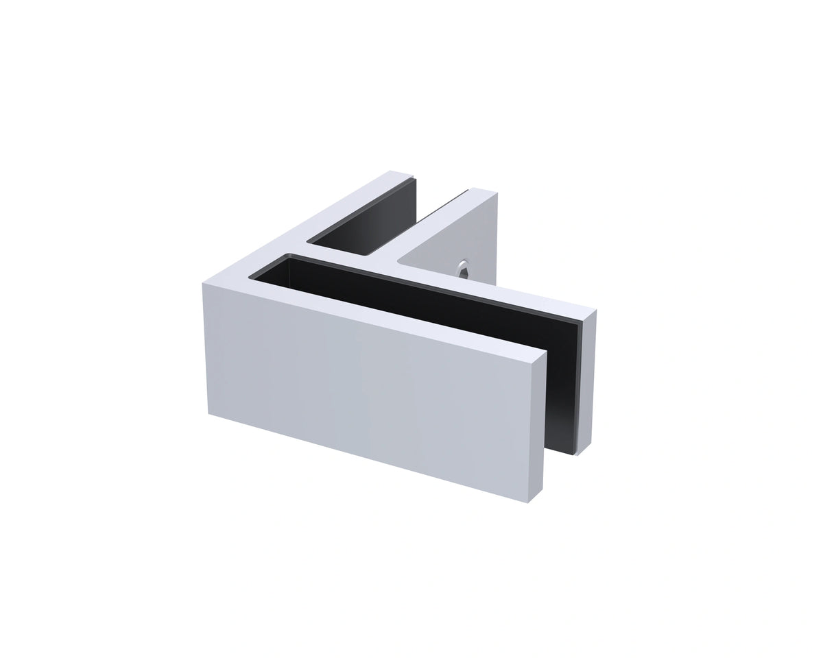 Brushed stainless 90° corner connector, small size, joining two 12mm glass panels at a corner