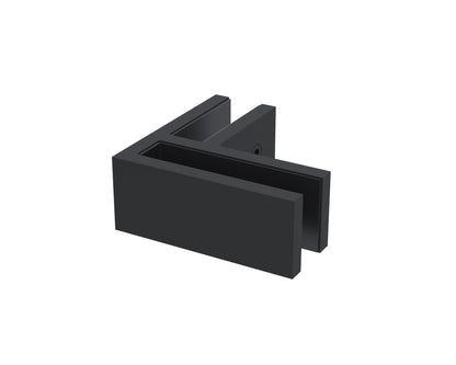 Matte black 90° corner connector, small size, joining two 12mm glass panels at a corner