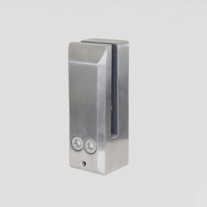 Brushed stainless steel side mount spigot fixed to a deck fascia holding a glass panel