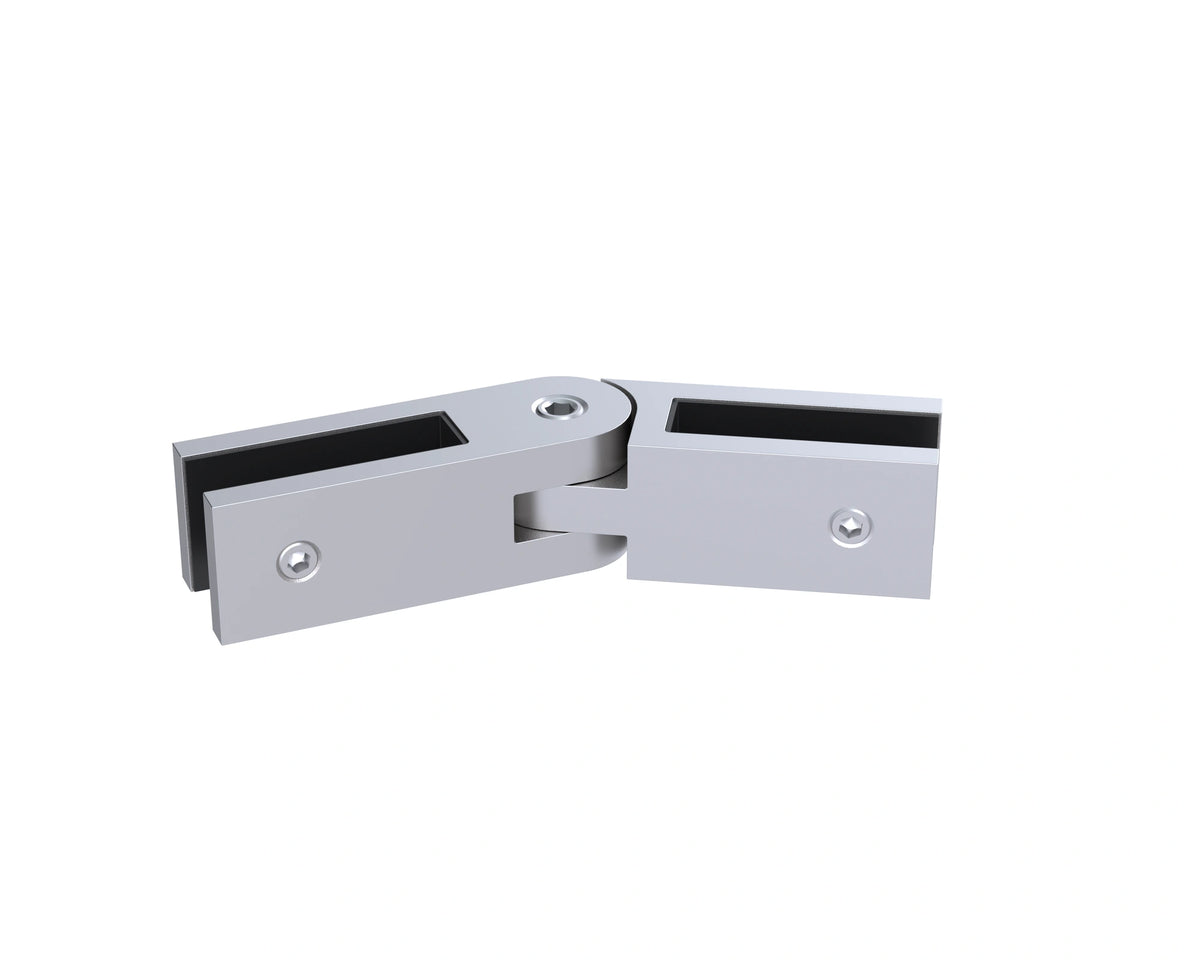 Brushed stainless adjustable glass-to-glass connector, small size, adjusts from 90° to 180° for 12mm glass