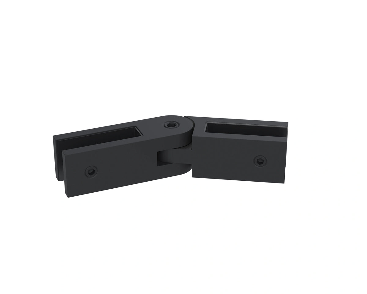 Matte black adjustable glass-to-glass connector, small size, adjusts from 90° to 180° for 12mm glass