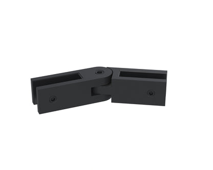 Matte black adjustable glass-to-glass connector, small size, adjusts from 90° to 180° for 12mm glass