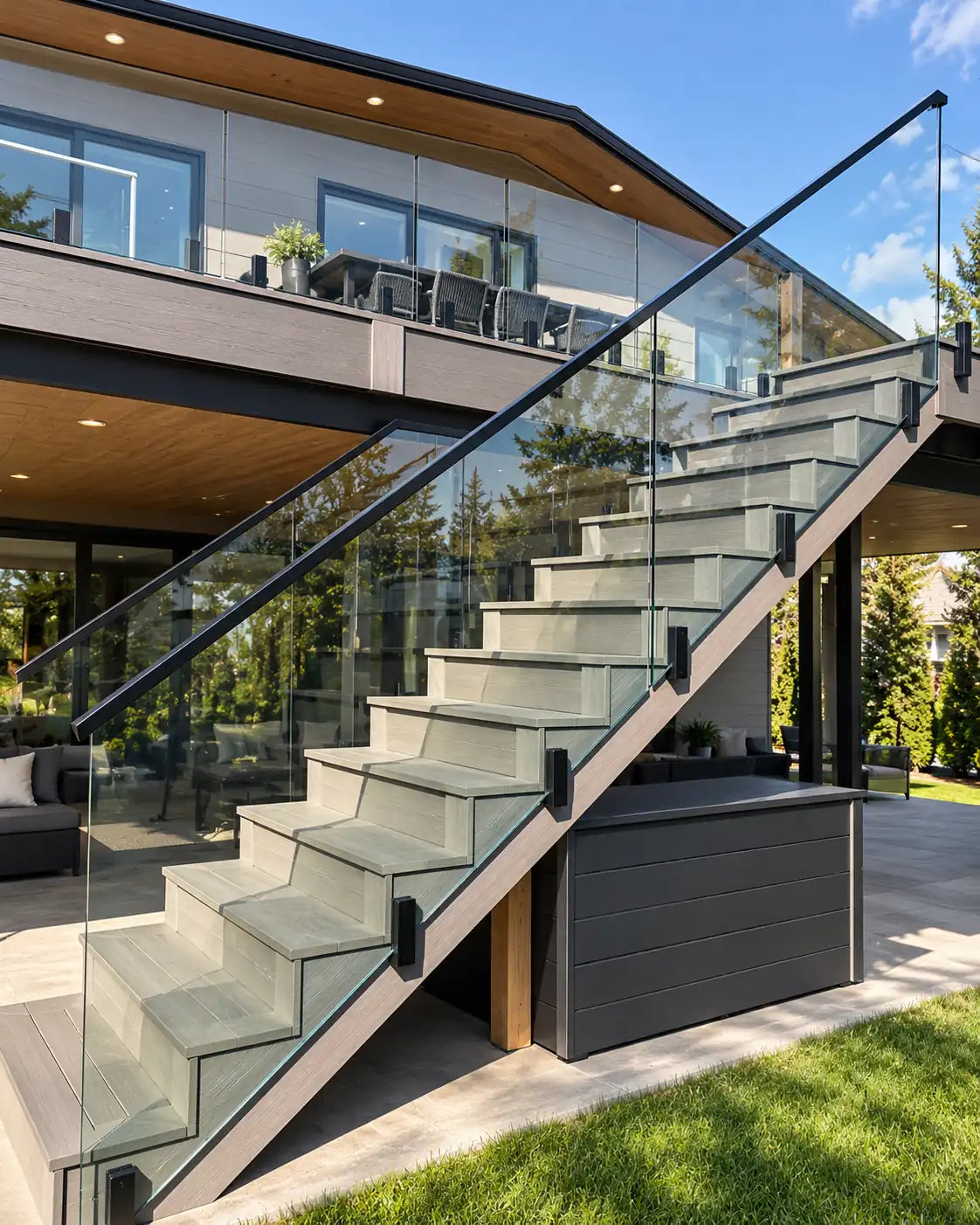 Modern outdoor staircase with frameless glass railing secured by black side-mount fascia spigots on a contemporary home.