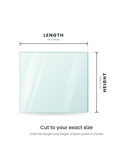 Custom glass railing panel diagram showing the length and height to measure, in inches
