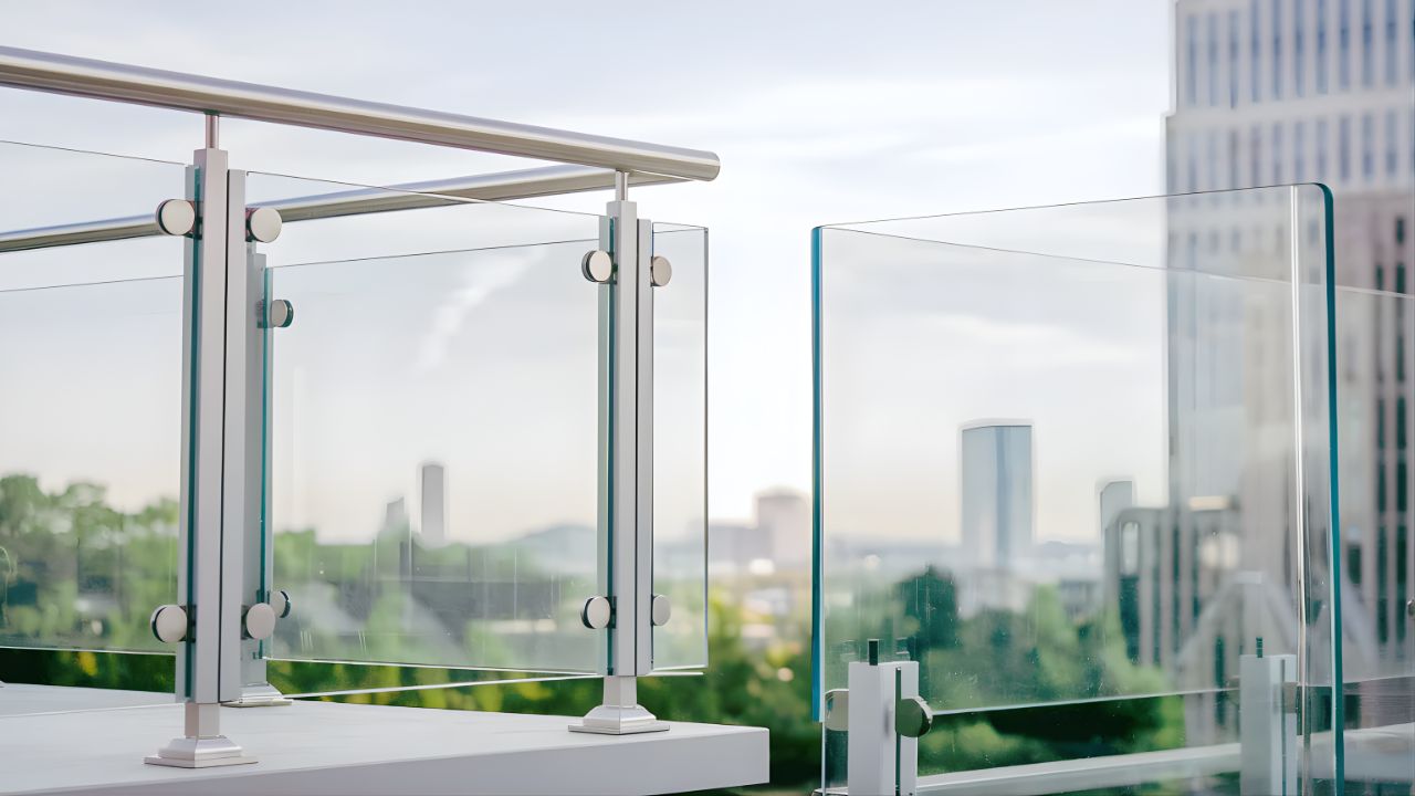 Glass railing system on a balcony with a cityscape in the background