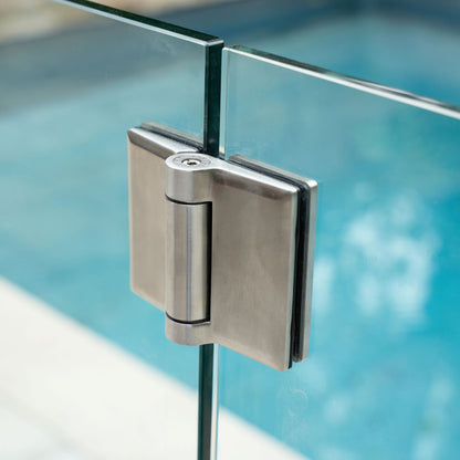 Brushed stainless steel wall-to-glass hinge for 12mm frameless glass gate