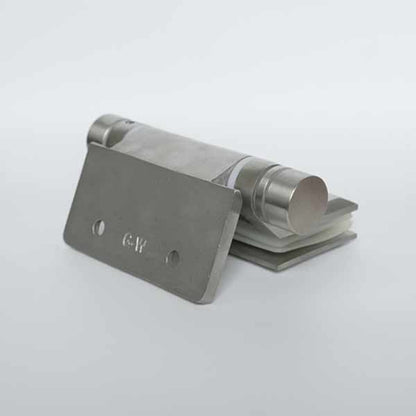 A wall mounted gate latch for 12mm glass panels, consisting of a metallic lever and a cylindrical component, mounted on a square-shaped base plate with two mounting holes.