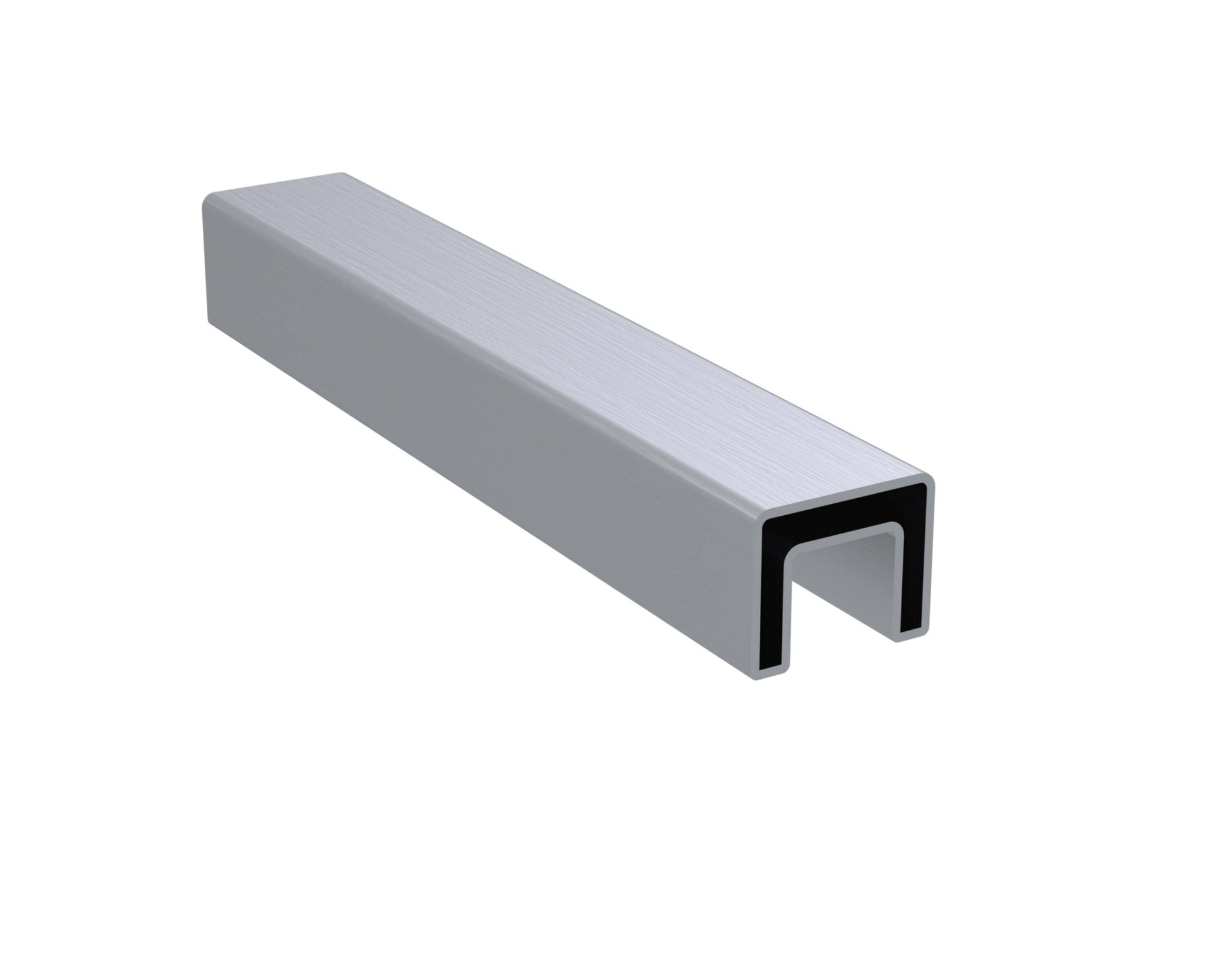 A 6ft square cap rail for glass railings, showing a gray metal bar with a rectangular attachment on one end.