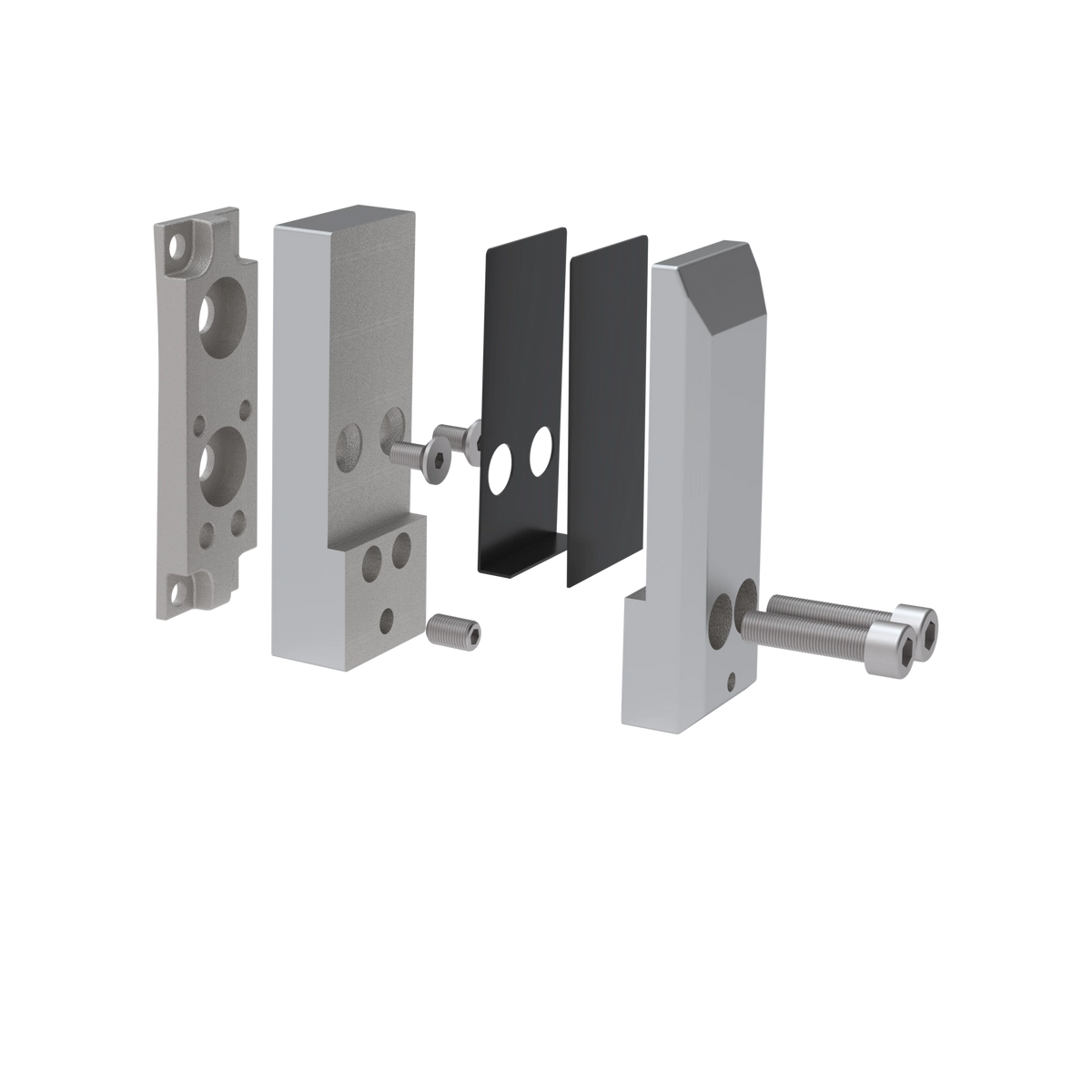 Exploded view of the brushed stainless side mount spigot: mounting bracket, body, rubber gaskets, clamp plate and bolts