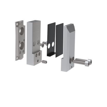 Exploded view of the brushed stainless side mount spigot: mounting bracket, body, rubber gaskets, clamp plate and bolts