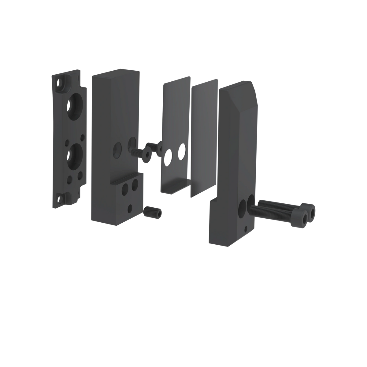 Exploded view of the matte black side mount spigot: mounting bracket, body, rubber gaskets, clamp plate and bolts