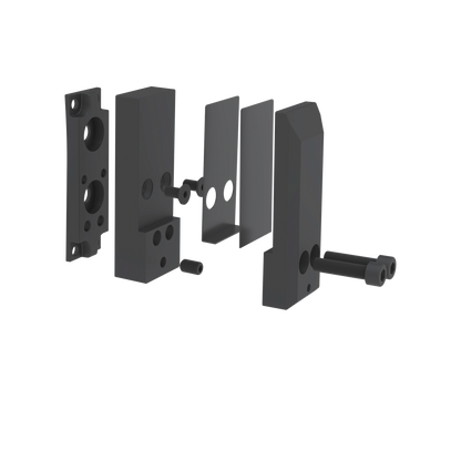 Exploded view of the matte black side mount spigot: mounting bracket, body, rubber gaskets, clamp plate and bolts