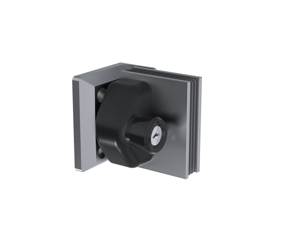 Brushed stainless wall-mount glass gate latch with key lock, for 12mm glass gates closing against a wall