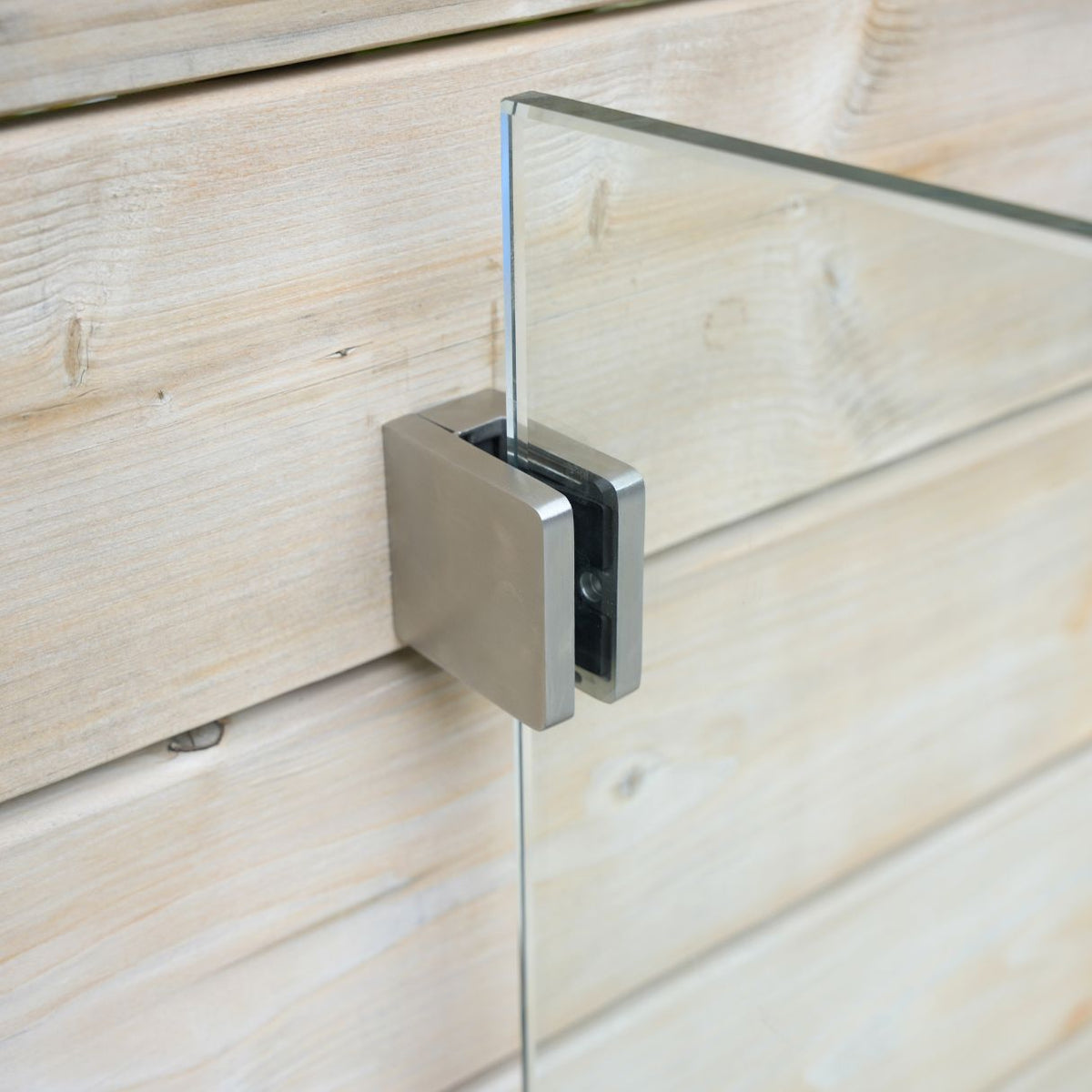 Brushed stainless steel wall-to-glass connector for 12mm glass panels, side view