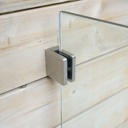 Brushed stainless steel wall-to-glass connector for 12mm glass panels, side view