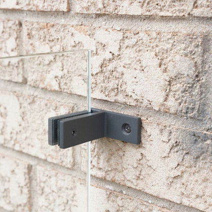 Matte black wall-to-glass connector for 12mm frameless glass railing, front view
